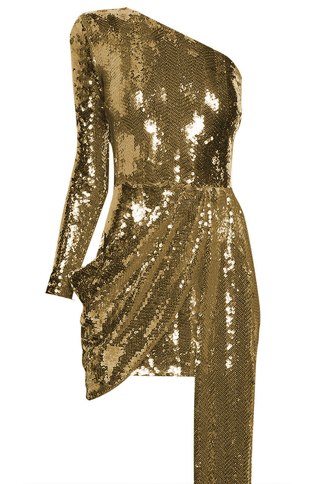 One Sleeve Sequin Draped Dress Sequin