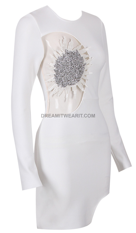 Long Sleeve Embellished Mesh Dress White