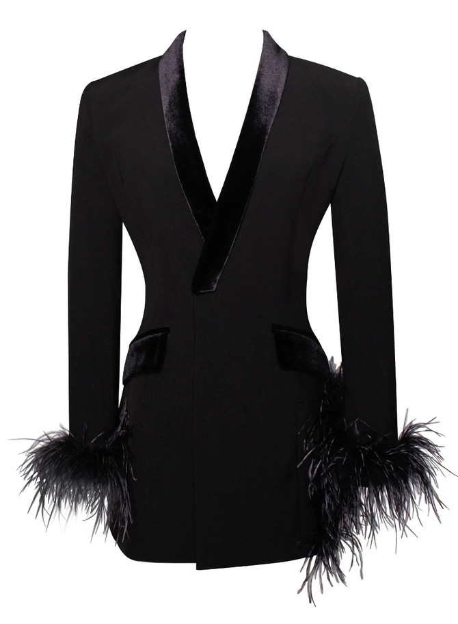 Long Sleeve Feather Detail Blazer Dress Black