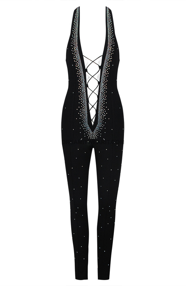 Halter Rhinestone Lace Up Jumpsuit Black