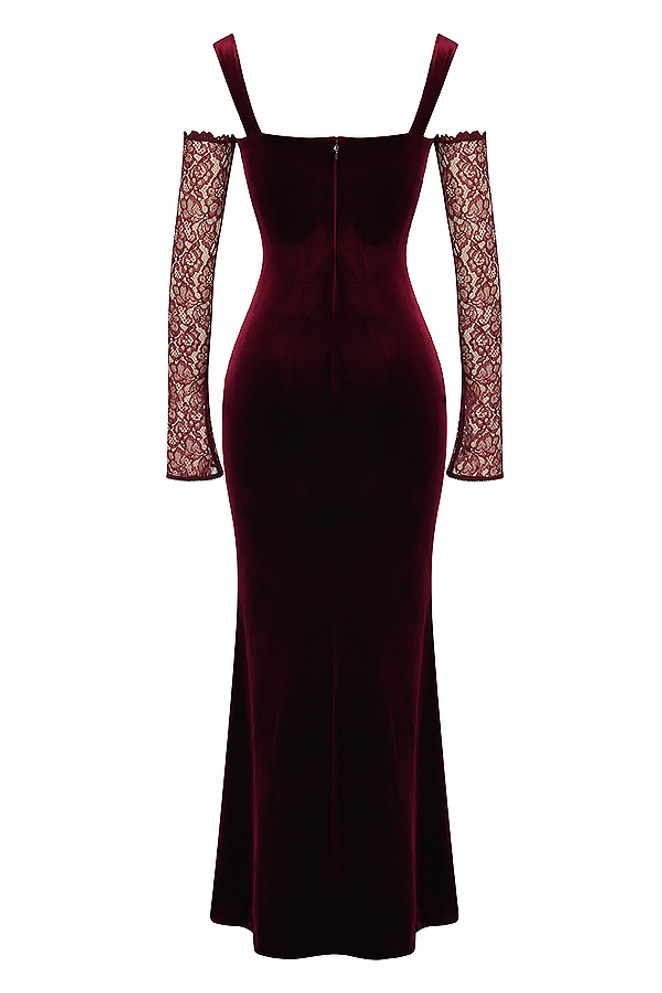 Lace Long Sleeve Bustier Maxi Velvet Dress Burgundy