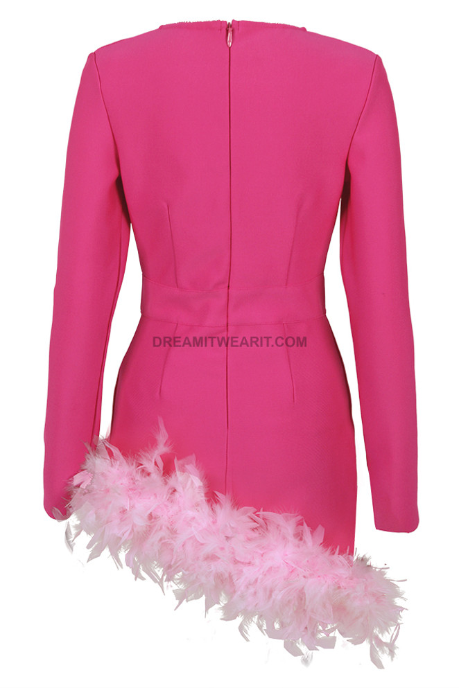 Long Sleeve Rhinestone Feather Dress Hot Pink