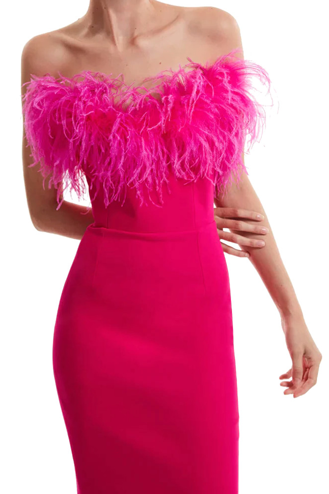 Feather Detail Strapless Maxi Dress Hot Pink