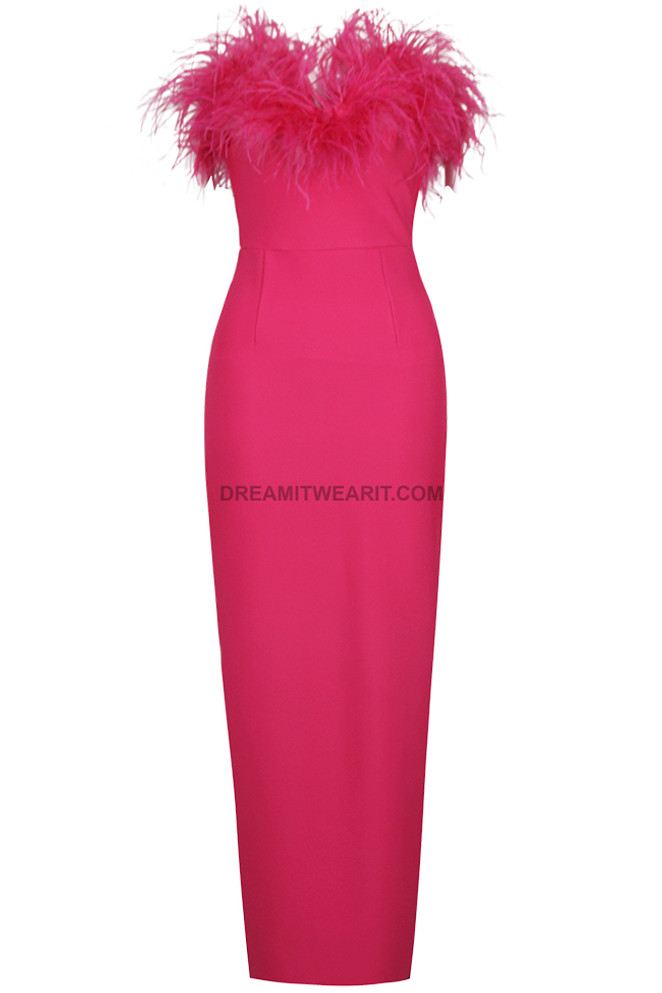 Feather Detail Strapless Maxi Dress Hot Pink