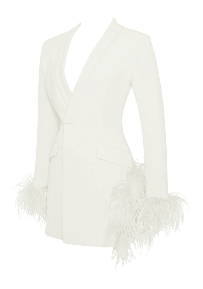 Long Sleeve Feather Detail Blazer Dress White