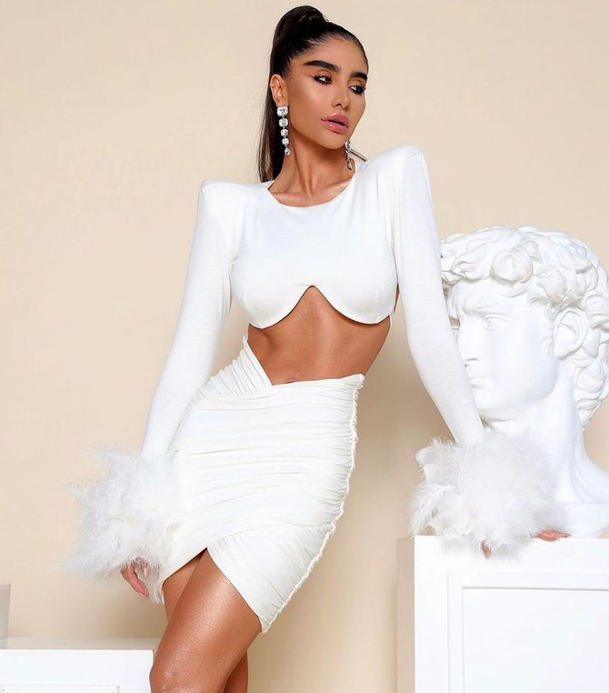 Long Sleeve Feather Draped Two Piece Dress White