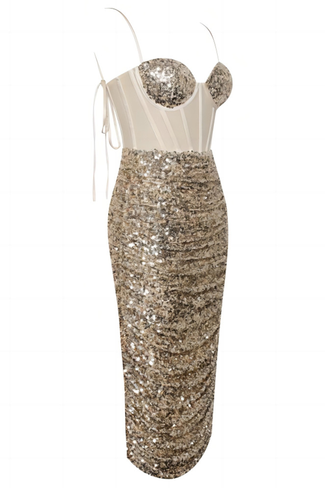 Sequin Bustier Draped Midi Dress Gold