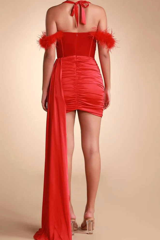 Halter Feather Draped Corset Dress Red