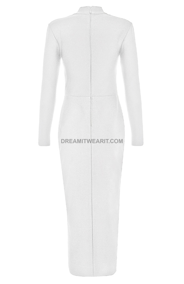 Long Sleeve Mesh Insert Midi Dress White