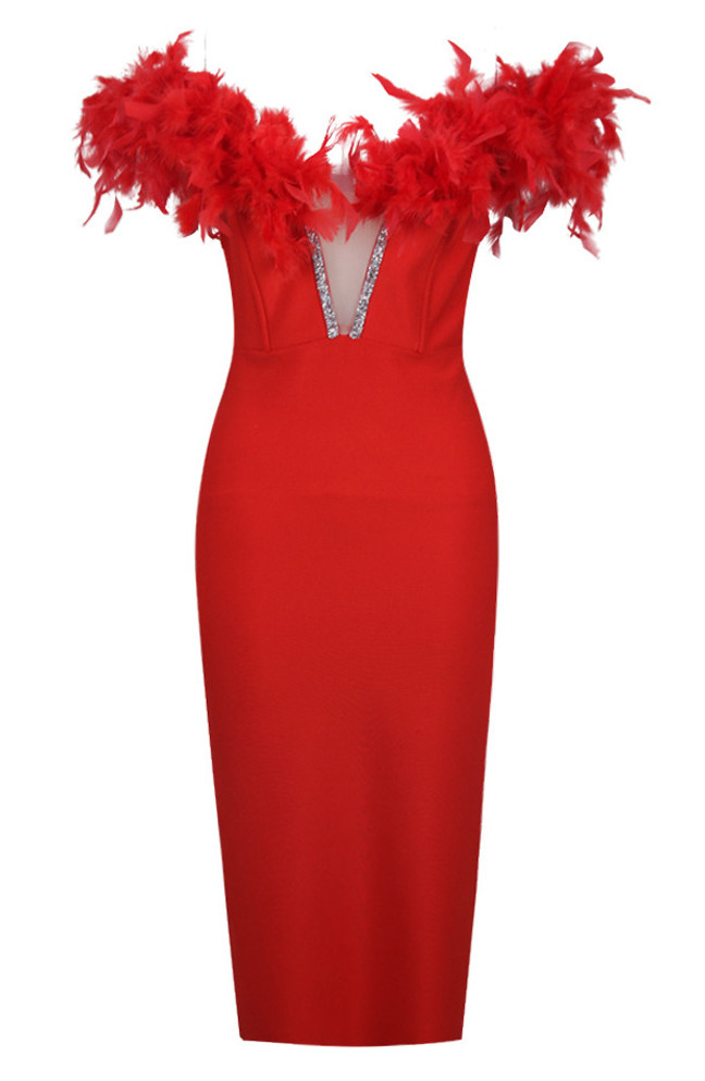 Off Shoulder Feather Midi Dress Red