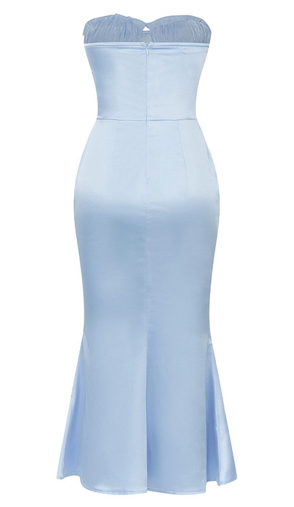 Strapless Draped Bustier Midi Dress Blue