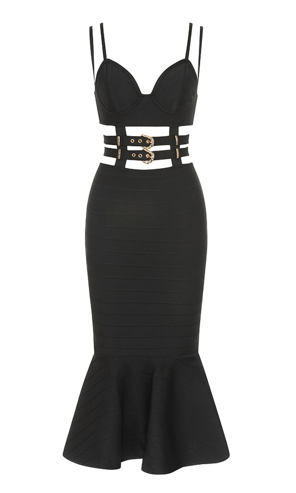 Bustier Belt Detail Mermaid Midi Dress Black