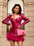 Long Sleeve Bustier Feather Sequin Dress Hot Pink