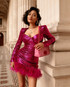 Long Sleeve Bustier Feather Sequin Dress Hot Pink