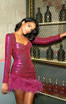 Long Sleeve Bustier Feather Sequin Dress Hot Pink