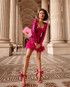 Long Sleeve Bustier Feather Sequin Dress Hot Pink