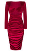 Long Sleeve Draped Midi Velvet Dress Red