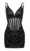 Crystal Sequin Bustier Draped Dress Black