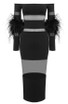 Feather Long Sleeve Off Shoulder Midi Dress Black