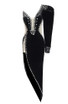 Puff Sleeve Crystal Maxi Velvet Dress Black