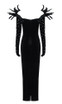 Feather Crystal Maxi Velvet Dress Black