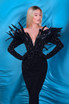 Feather Crystal Maxi Velvet Dress Black