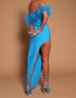 Feather Off Shoulder Maxi Dress Blue