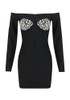 Long Sleeve Off Shoulder Crystal Bustier Dress Black