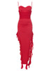 Draped Mesh Bustier Ruffle Maxi Dress Red