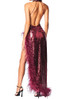 Halter Sequin Feather Maxi Dress Red