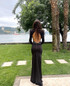 Long Sleeve Backless Crystal Belt Maxi Dress Black