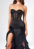 Strapless Lace Corset Ruffle Maxi Dress Black