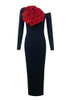 Long Sleeve Rose Detail Maxi Dress Black Red