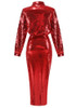 Long Sleeve Sequin Two Piece Midi Dress Red