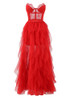 Strapless Lace Bustier Ruffle Maxi Dress Red