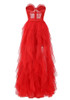Strapless Lace Bustier Ruffle Maxi Dress Red