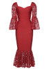 Lace Sleeve Mermaid Midi Dress Red