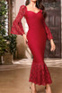 Lace Sleeve Mermaid Midi Dress Red