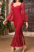 Lace Sleeve Mermaid Midi Dress Red