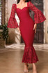 Lace Sleeve Mermaid Maxi Dress Red