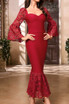 Lace Sleeve Mermaid Midi Dress Red