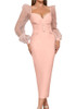 Puff Long Sleeve Button Midi Dress Pink