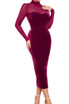 Long Sleeve Mesh Insert Midi Velvet Dress Burgundy