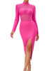 Long Sleeve Mesh Insert Midi Dress Hot Pink