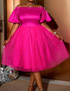 Puff Sleeve Mesh Skater Midi Dress Hot Pink