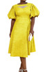 Puff Sleeve A Line Midi Dress Yellow