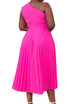 One Shoulder Flower Pleated Midi Dress Hot Pink