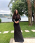 Long Sleeve Backless Crystal Belt Maxi Dress Black