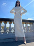 Long Sleeve Feather Ribbed Maxi Dress Ivory