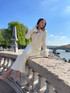 Long Sleeve Feather Ribbed Maxi Dress Ivory